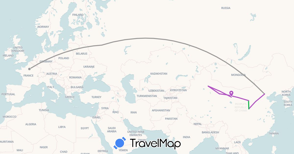 TravelMap itinerary: driving, bus, plane, train in China, France, Russia (Asia, Europe)